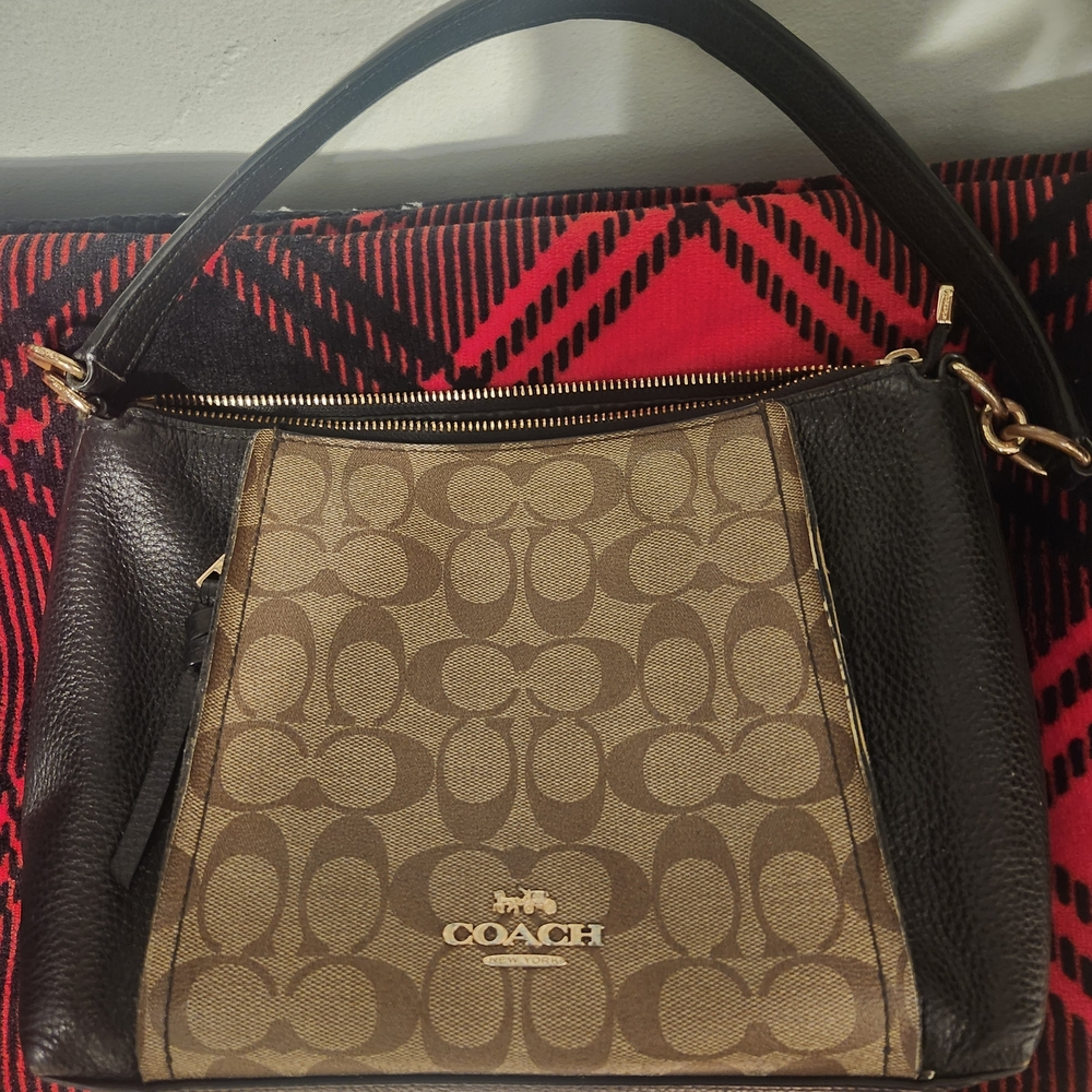 Coach Tan and Black Signature Shoulder Bag